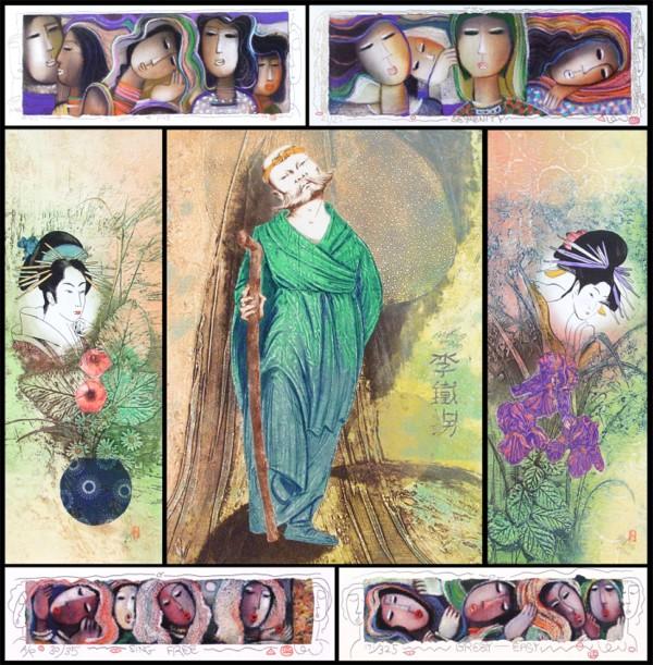 Mikulas Kravjansky & Long Looi Lee (eight): WOMAN AND FLOWERS I & II; SAGE, 1996, three color etchings two with glitter, each signed in pencil, from numbered edition 196 and an artist's proof, sheets 30 x 11" (2) and 24 ¼ x 17 ¾" matted; Toge