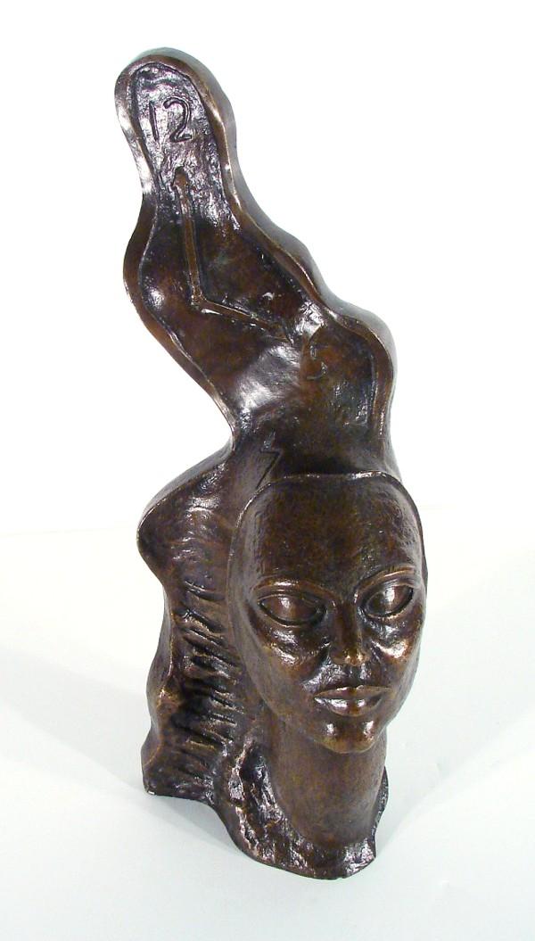 Latin American School (mid-20th Century): WOMAN WITH MELTING CLOCK, cast bronze sculpture with golden brown patina, 17 ¾" tall, a few small white spots, otherwise in good condition.