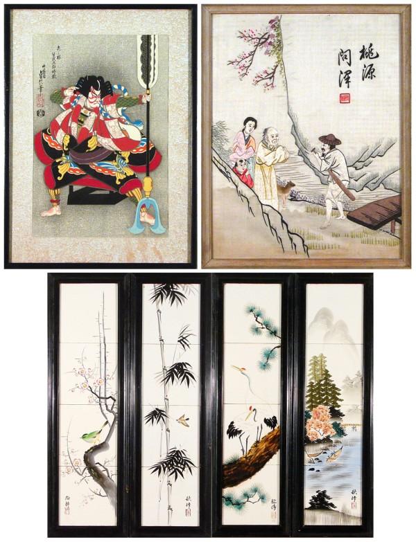 Hasegawa Sadanobu III (1881-1962) Japanese and oth: SAMARI, color woodblock print, character stamps upper right, sight 15 x 10"; Together Asian School, an untitled silk embroidery, characters embroidered upper right, sight 18 x 14", two tideline stains