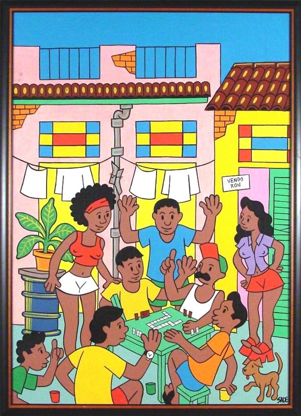 Sade (20th Century) Cuban: DOMINOES, acrylic painting on canvas, signed lower right, 39 x 28", framed, surface soiling, otherwise in good condition.