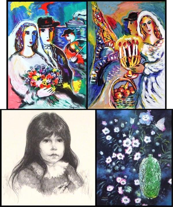 Zamy Steynovitz, Raphael Abecassis, Tordjman, Luce: REHERSAL BY THE RIVER; HONEYMOON AT SEA, a pair of color screenprints, each signed in pencil, from the numbered editions 350; Raphael Abecassis, MARRIAGE CONTRACT, hot foil stamped color print, signed