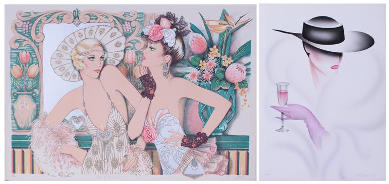 Mary Vickers (b. 1940) American (2) & Erik Freyman (b.: Mary Vickers TALK OF THE TOWN, two of the same color lithographs with mixed media, each signed and dated and titled and numbered 44/350 & 45/350 in pencil, sheets 29 x 40 ½”; Erik Freyman E