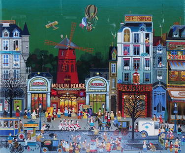 Hiro Yamagata (b. 19487) Japan American: LE MOULIN ROUGE, 1979, color screenprint, signed and numbered 191/300 in pencil, published by Martin Lawrence Editions, image 24 x 29”, full margins, frame 34 x 39”.