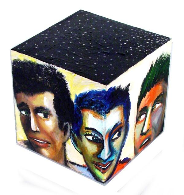 Sol Aquino (20 Century) Mexican/ American: THREE MEN IN AN INTERIOR, 1989, acrylic painted wood cube, signed and dated underneath, 8" cube, minor surface dust, otherwise in good condition.