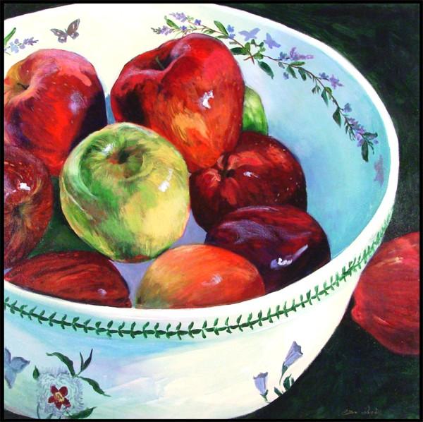 Ellen Bayley (20th Century) American: APPLE IN A BOWL #148, 1998, acrylic painting on canvas, signed lower right, signed and titled on verso, 30 x 30", framed.