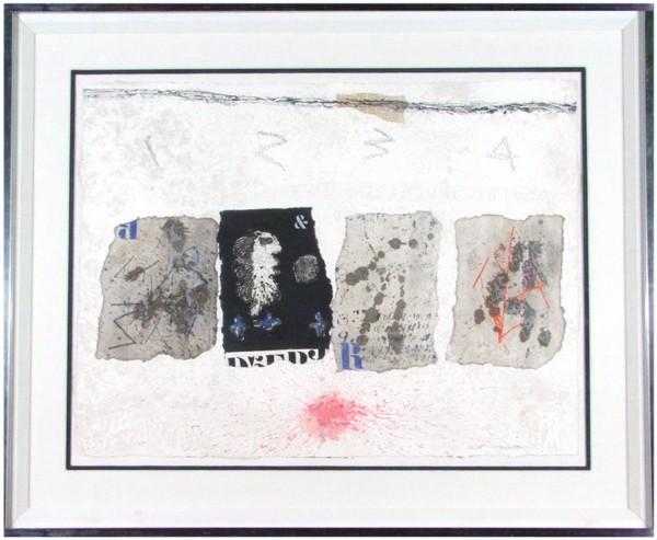 James Coignard (1925-2008) French: QUATRE ESPACES PREOCCUPES (S.500), 1981 color carborundum gravure with collage, signed in pencil, from the numbered edition 75, sheet 22 x 30", framed.