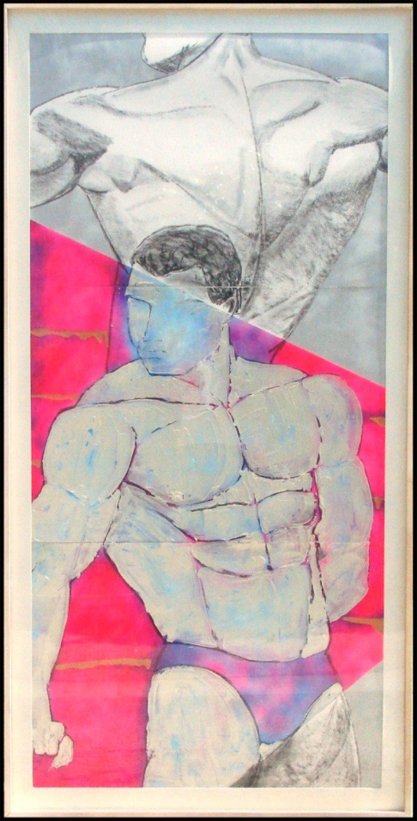 Contemporary School: BODY BUILDER, acrylic painting, spray paint and charcoal drawing on three sheets of paper, sight 81 ½ x 38", framed.