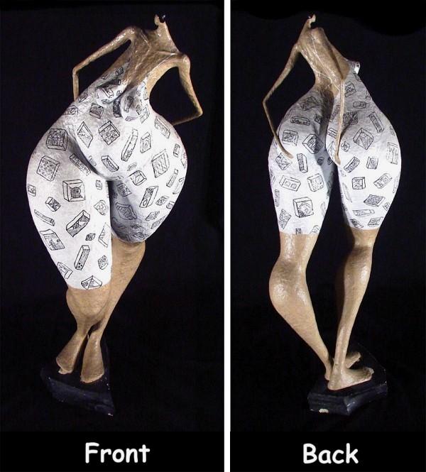 Contemporary Sculpture: LARGE WOMAN WITH TINY HEAD, painted papier mache sculpture with extensive ink drawing, 30 ¼" tall, mounted to a black rock base (chipped).