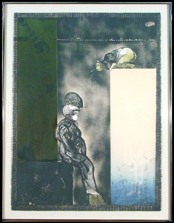 Jose Luis Cuevas (b. 1934) Mexican: UNTITLED, 1972, color lithograph with gold stock collage and with blue gradation nearing bottom, signed, from the numbered edition 150, sheet 30 x 22 ½", printed by Editions Press, published by the G