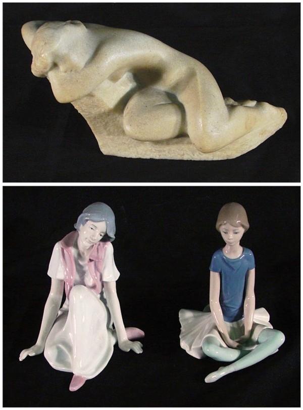Vincent Glinsky, Lladro & another (three): RECLINING FIGURE, cast resin sculpture, signed, 6 ½" tall, 12" wide, 3 ½" deep, mounted to base; Together with Lladro, SEATED BALLERINA, painted porcelain figurine, 7" tall, stamped underneath; Toge