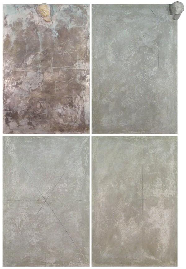 Jiri Ladocha (b. 1938) Canadian: T. Ov from ISORO Series, 1989-90, cement, silver leaf, pigment and plaster on four canvases, two with plaster heads, each 23 ¾ x 36", overall 36 x 96". Provenance: Evelyn Aimis Gallery, Toronto, Cana