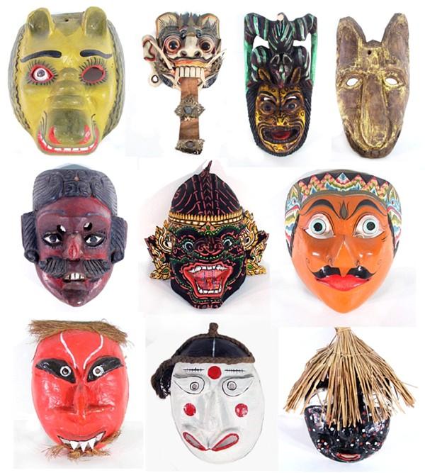 Masks From Around the World (ten): A collection of six hand-painted carved wood mask and four hand-painted papier mache masks, countries include Thailand, Korea, Java, Mexico and more, 20 x 10" to 7 ½" x 5 ½", one papier mache with s