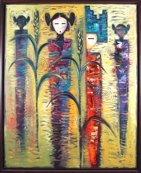 Dan Namingha (b. 1950) American: CORN MAIDENS AND BUTTERFLY MAIDEN, 1993, oil painting on canvas, signed lower right, signed & titled & dated on the verso, 50 x 39 ½”, framed. Provenance: Niman Gallery, Santa Fe, New Mexico.