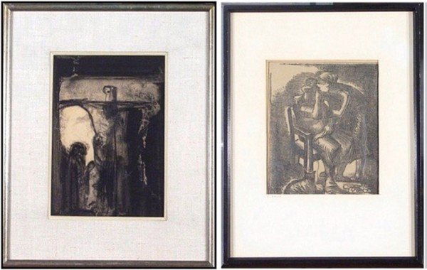 Joachim Probst & Al Giella (two): UNTITLED, pastel drawing on paper, signed lower left, 9 ½ x 6 ¾"; Together with Al Giella, THE SECRET, 1949, lithograph, signed in pencil, sight 8 ½ x 7", vertical crease along right, otherwise in
