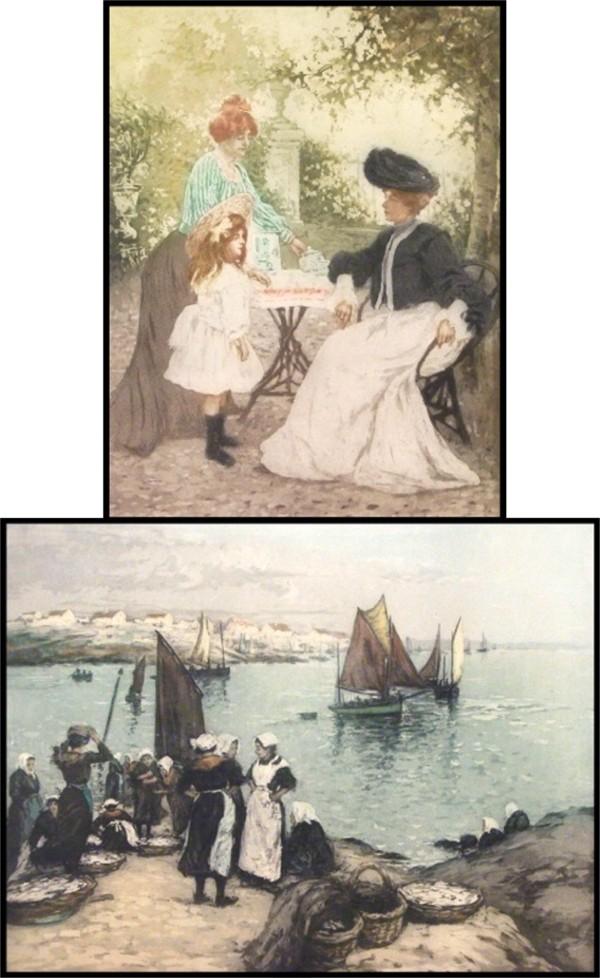Manuel Robbe (1872-1936) French (three): SUMMER TEA, color aquatint etching, image 19 ¼ x 14 ¾", full margins, some toning in margins, creases and soft handling creases, a few speckles; WAITING AT THE SHORE, color aquatint etching, signed