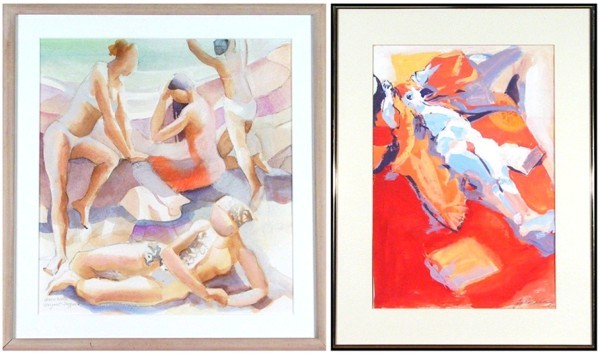 Margaret Sheppard & Julia Whitney (two): BEACH GIRLS, watercolor on paper, signed lower left, sight 20 ¾ x 18 ¾"; Together with Julia Whitney, LYING NUDE, watercolor on paper, signed lower right, sight 21 x 14 ½", minor discoloration lowe