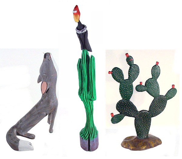 Contemporary Southwestern Sculpture (three): BUZZARD ON A CACTUS, carved and painted wood sculpture in two parts, cactus 49" tall, buzzard 22 ½", total attached 65 ¾", with natural cracking; Together with CACTUS, painted papier mache sculpture