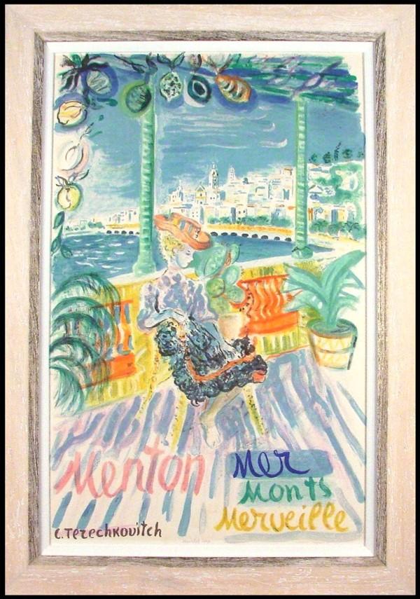 Constantin Terechkovitch (1902-1978) Russian: MENTON, MER, MONTS, MERVEILLE, c.1960, color lithograph, signature in design, sight 38 ½ x 24 ½", printed by Mourlot, framed, sun toning, mild fading, otherwise in good condition.