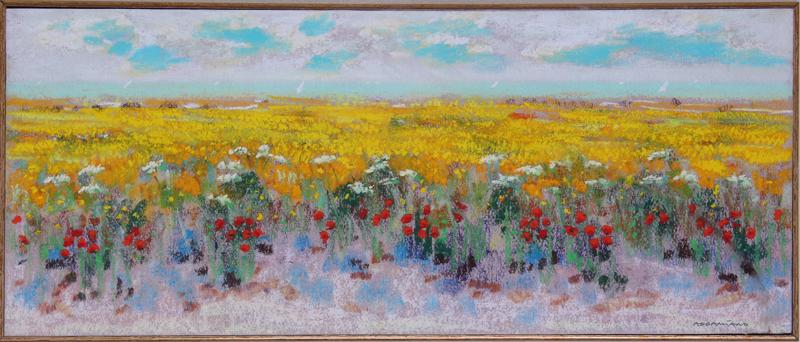 Natale Addamiano (b, 1943) Italian: FIELD OF FLOWERS IN BLOOM, color pastel, signed lower right, 8 x 19 ¼”, frame 17 x 28 ½” with Plexiglas.