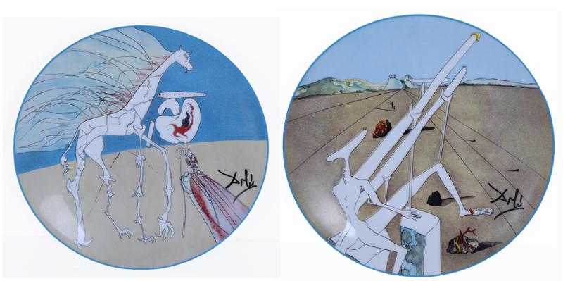 Salvador Dali (1904-1989) Spanish (two): GIRAFE SATURNIENNE; DALI MARTIEN MUNI D’UN DOUBLE MICROSCOPE HOLO-ELECTRIQUE, two painted porcelain Limoges plates, each plate with signature in design and hallmarked underneath, both numbered 3