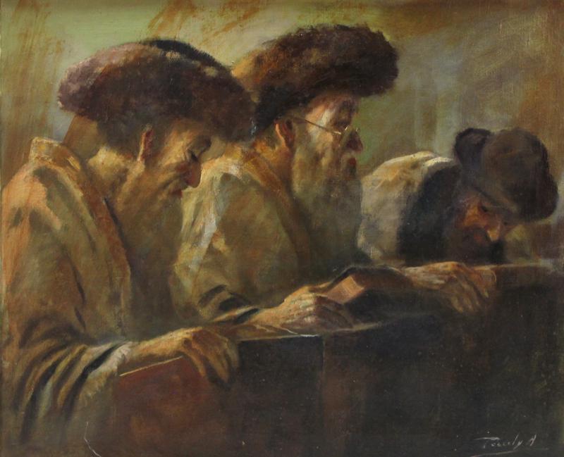 Antal Peczely (1891-1963) Hungary: THREE RABBIS, oil painting on canvas, signed lower right, label remnants on frame stretcher verso, 20 x 24”, discardable frame 25 ¼ x 29 ¼”.