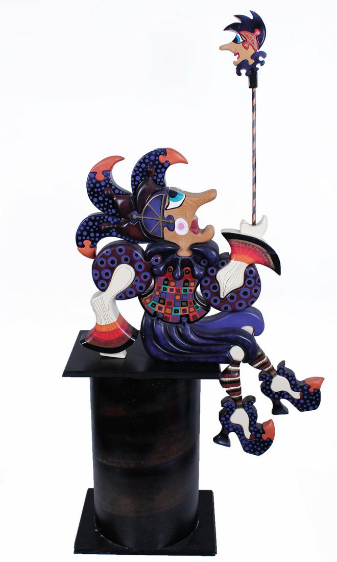 Wooden Zoo (20th Century): COURT JESTER, 1996, puzzle made of about 30 wood pieces, each cut and painted, signed and dated on right arm, comes with round pedestal stand container, overall with pedestal stand 59 ½ x 28 x 13