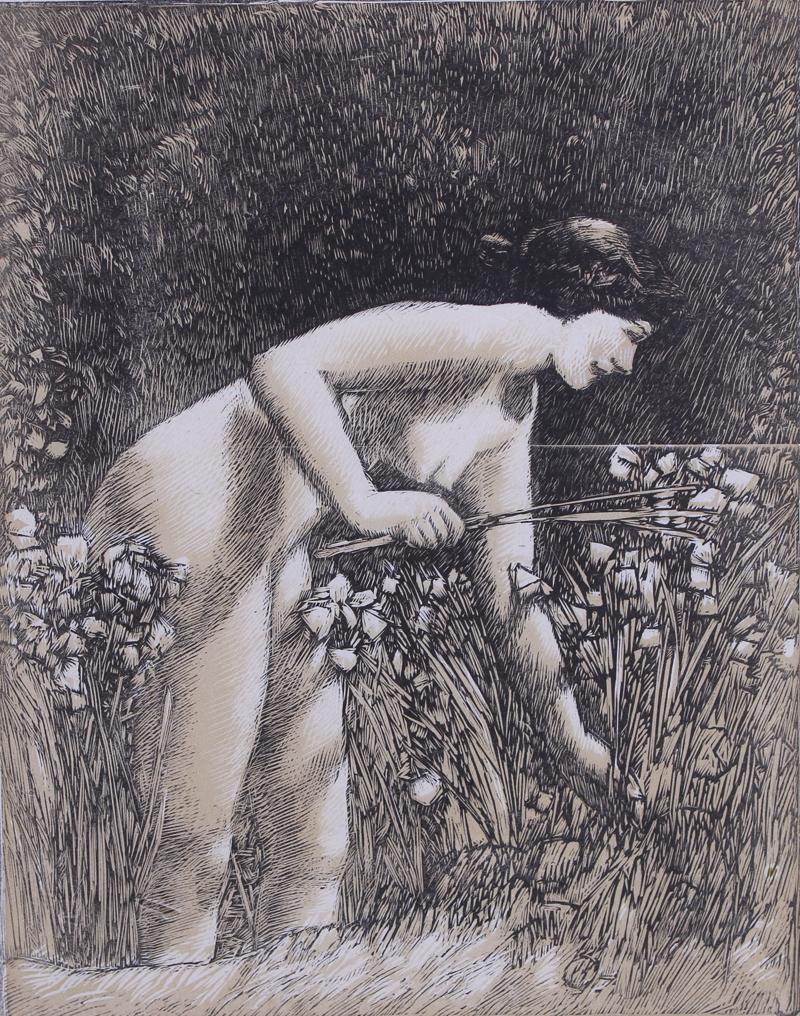 Childe Hassam (1859-1935) American: THE LILIES, 1905, color wood engraving on thin chain laid paper, signed with cypher in pencil lower right, image 7 ½ x 6”, sheet 15 ½ x 11 ¼”, strong impression of this very