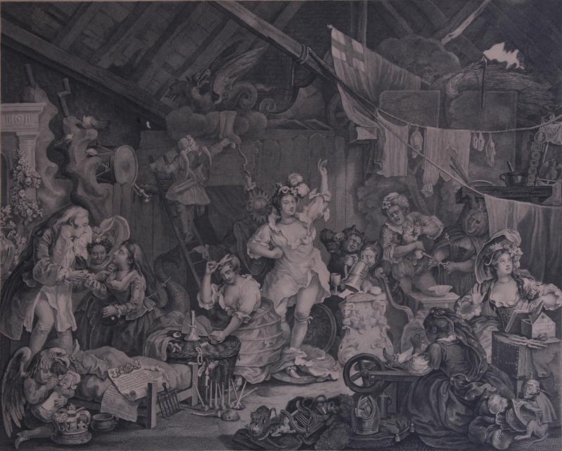 William Hogarth (1697-1764) British: STROLLING ACTRESS DRESSING IN A BARN, 1738, copper engraving, engraved inscription lower left, image 16 ¾ x 21 ¼”, full margins, with French matting, frame 23 ¾ x 28 ½”