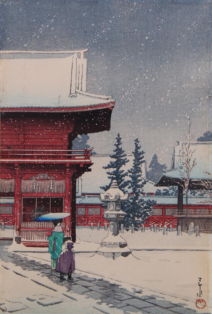 Hasui Kawase (1883-1957) Japanese: SNOW AT NEZU GONGEN SHRINE, 1940, color woodblock print, signed with seals and stamps, sheet 15 ¼ x 10 3/8”, frame 20 ½ x 14 ½” with glass.
