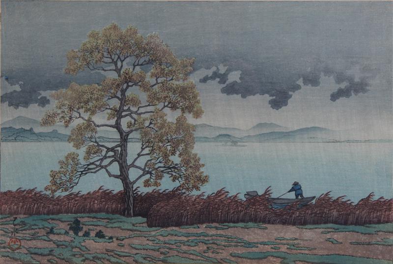 Hasui Kawase (1883-1957) Japanese: KOHAN NO AME, MATSUE (Lakeside Shower Matsue), 1932, color woodblock print, signed with seals and stamps, image 9 ½ x 14 ¼”, full margins, frame 15 x 19 ½” with glass.