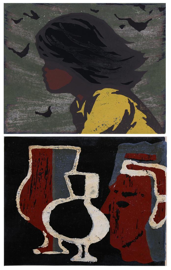 Tadashi Nakayama (1927-2014) & Kiyoshi Saito: Nakayama GIRL IN WIND, 1956, color woodblock print, signed and dated in pencil, sheet 11 x 12 ½”; Kiyoshi Saito PROFILE WITH PITCHER, color woodblock print, signed and numbered 27/50 in pen