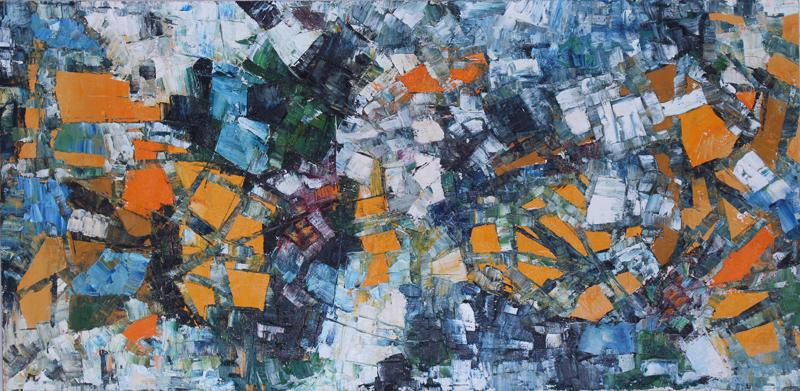 In the style of Jean Paul Riopelle (1923-2002) Canadian: UNTITLED, oil painting on Masonite, signed lower case “r” lower left, 18 x 36”. Special thanks to Yseult Riopelle for confirming this work NOT to be a work by Jean Paul Riopelle.