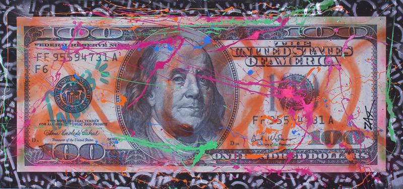 E. M. Zax (20th/ 21st Century) California: ONE-HUNDRED DOLLAR BILL, acrylic and spray-paint on printed canvas, signed lower right center, 22 x 47”.