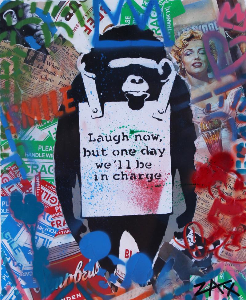 E. M. Zax (20th/ 21st Century) California: LAUGH NOW BUT ONE DAY WE WILL BE IN CHARGE, acrylic and spray-paint on collage, signed lower right, 19 ½ x 16, frame 29 x 25 ¼”.