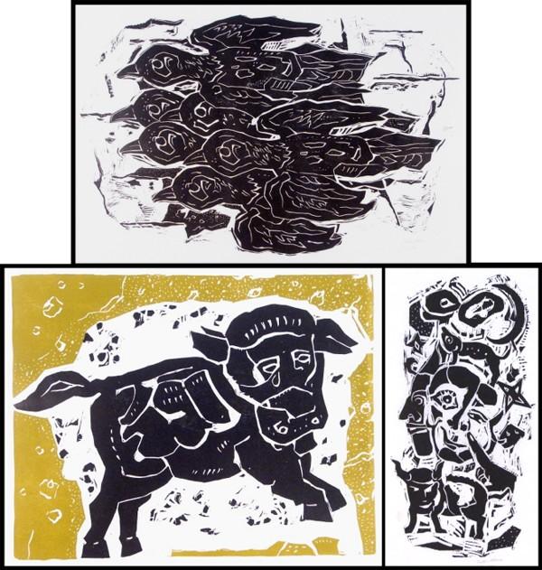 Peter Alma (1186-1969) Dutch (three): BLACK BIRDS; CRYING BULL; TOTEM from the 'Prent 190 Portfolio', three block prints on rice paper, each signed in pencil, from the numbered editions 190, sheets 24 ½ x 34 ½", 24 ½ x 33 ½" & 31 ½ x