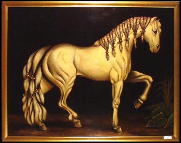 Reginald Baxter (20th Century) American: HORSE, oil painting on canvas, signed lower right, 42 x 54", framed, dimple chip background above the main, spiral crack background below leg, a few hairlines cracks and scuffs, otherwise in good cond
