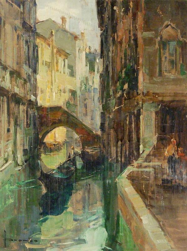 Angelo Brombo (1893-1962) Italian: VENICE CANAL, oil painting on canvas, signed lower left, image 15 ½ x 11 ¾", un-stretched, surface soiling, some brittle cracking with small feather losses, otherwise in good condition.