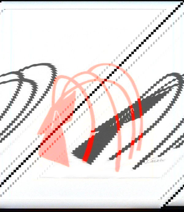 Alexander Calder (1898-1976) American: RED STABILE, color lithograph, signed in pencil, from the numbered edition 150, sheet 27 ¾ x 22 ¼", framed, slight discoloration lower right corner, small faint discoloration spots, minor surface ru