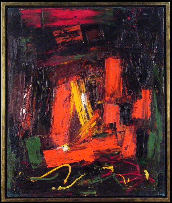 Jules Engel (1909-2003) Californian: UNTITLED, oil painting on canvas, signed upper right, 24 x 20", framed, natural craqueleur, some stray gold leaf upper left corner, otherwise in good condition.