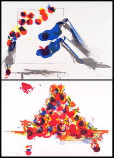 Ger Lataster (b. 1920) Dutch (two): CHERRY TRIANGLE; UNTITLED BLUE GRAY RED YELLOW, 1971, two color lithographs from the 'Prent 190 Portfolio', each signed in pencil, from the numbered editions 190, sheets 22 ½ x 30 ½", both with prin