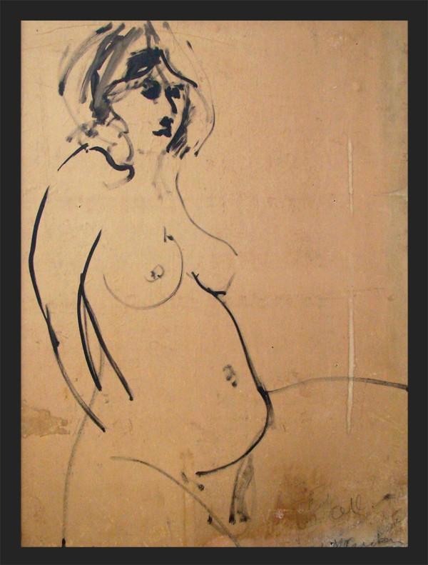 McCracken (20th Century) American: NUDE, brush drawing on signed, signed and dedicated lower right, 63 x 48", framed, loss of lower right corner, stains and discoloration and mottling throughout, scratches and nicks.
