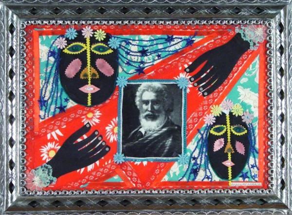 Rodolfo Morales (1925-2001) Mexican: UNTITLED, mixed media collage, signed lower right, 14 x 20", in artist's made tin frame.