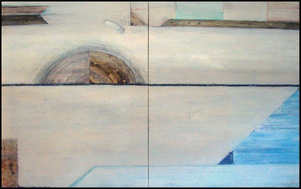 Kenjilo Nanao (b. 1929) Japan: COMPOSITION IN WHITE, 1988, oil painting and silver leaf on two canvases, signed and date lower right, overall 69 x 112", framed, minor surface soiling and hairline cracking, otherwise in good conditi