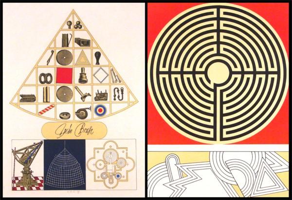 Lucio Del Pezzo (b. 1933) Italian (two): LABORINTUS; TYCHO BRHAE, two color lithographs from the 'Prent 190 Portfolio', each signed in pencil, from the numbered editions 190, sheets 30 x 21 ¼", one with collector's label on recto lower marg