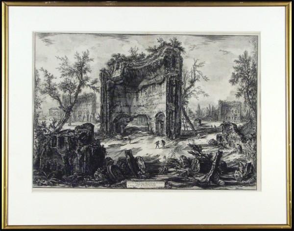 Francesco Piranesi (c.1758-1810) Italian: VEDUTA DEGLI AVANZI DELLE FABBRICHE DEL SECONDO, engraving, signature in design, plate 19 x 27 ¼", full margins, with fold, framed with glass, toning and toning at margins, otherwise in good conditio