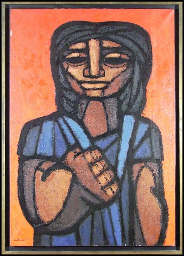 Juan Manuel Sanchez (20th Century) Latin American: FIGURA FONDO ROJO, 1965, oil painting on canvas, signed and dated lower left, signed and titled on verso, 39 ½ x 27 ½", framed, a few scuffs, hairline scratches with associated feather cracking, oth
