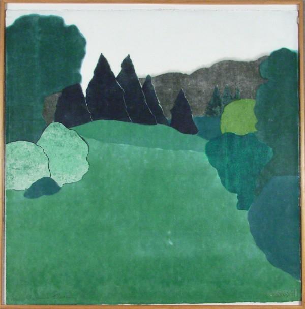 Carol Summers (b. 1925) American: LANDSCAPE, 1979, color block print, signed in pencil, from the numbered edition 25, sheet 37 x 37", framed, creases, cocoon stain lower center, otherwise in good condition.