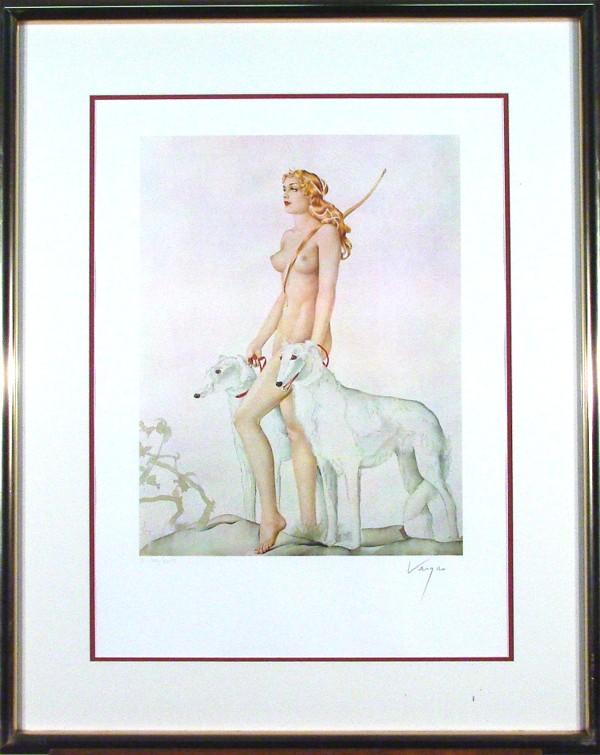 Alberto Vargas (1896-1962) Peruvian/ American: DIANA THE HUNTRESS, color lithograph, estate signed in pencil, from the numbered edition I 500, image 20 ½ x 15 ¾", full margins, blindstamp lower left, framed with glass, soft handling creases, oth
