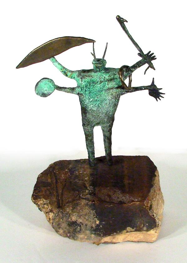 Bill Worrell (b. 1936) American: ANTELOPE SHAMAN & RING OF FOREVER, cast metal sculpture, 14 ½" tall, mounted to rock, 5 ¾" tall, 11" wide, 7" deep.