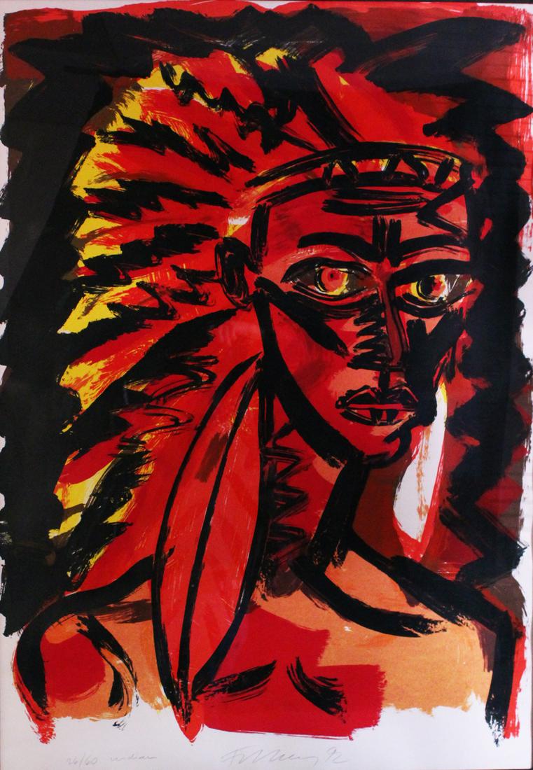 Rainer Fetting (b. 1949) German: INDIAN, color screenprint, signed and titled and numbered 26/60 in pencil, sight 47 ½ x 33 ¼”, frame 58 ½ x 44”.